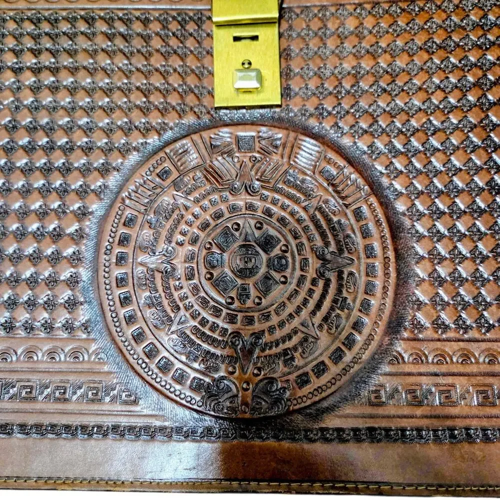 Vintage Mexican Hand Tooled Leather Briefcase Aztec Warrior Eagle Calendar Brown
